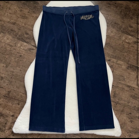 Vintage Juicy Couture Low Rise Velour Wide Leg Track Pants M Blue - Picture 3 of 11